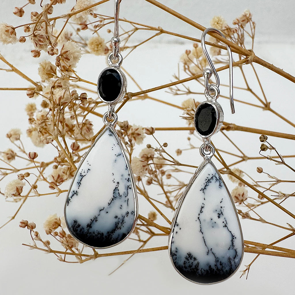 Natural Freeform Pear Cut Dendritic Agate and Oval Tourmaline Silver Drop Earrings - 56mm x 16mm