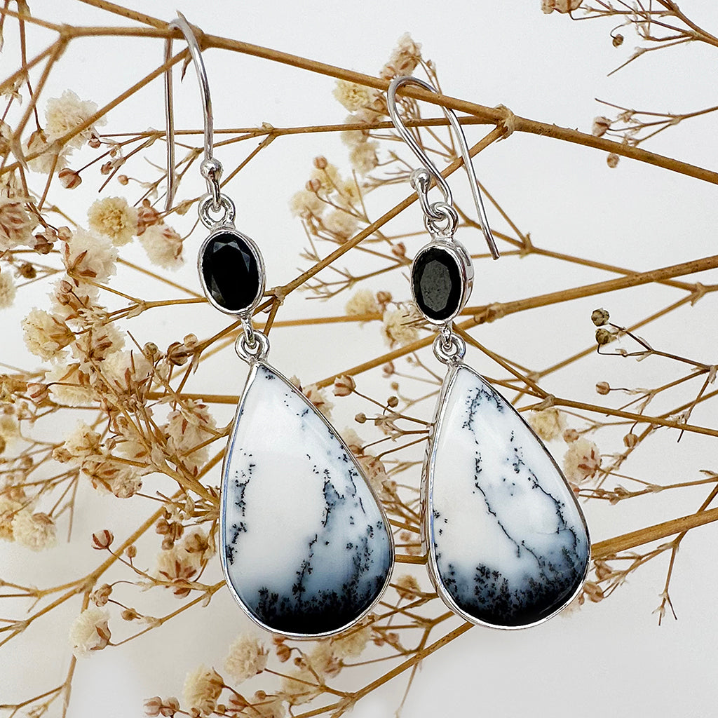 Natural Freeform Pear Cut Dendritic Agate and Oval Tourmaline Silver Drop Earrings - 56mm x 16mm