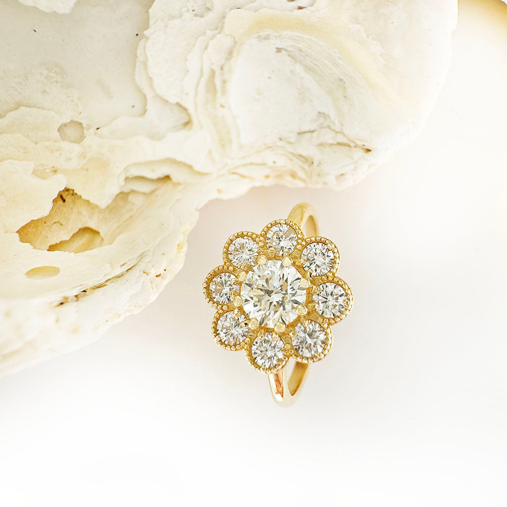 Vintage Inspired Floral White Diamond Yellow Gold Ring