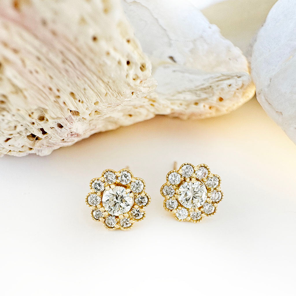 Vintage Inspired Floral White Diamond Yellow Gold Earrings