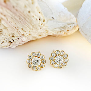Vintage Inspired Floral White Diamond Yellow Gold Earrings