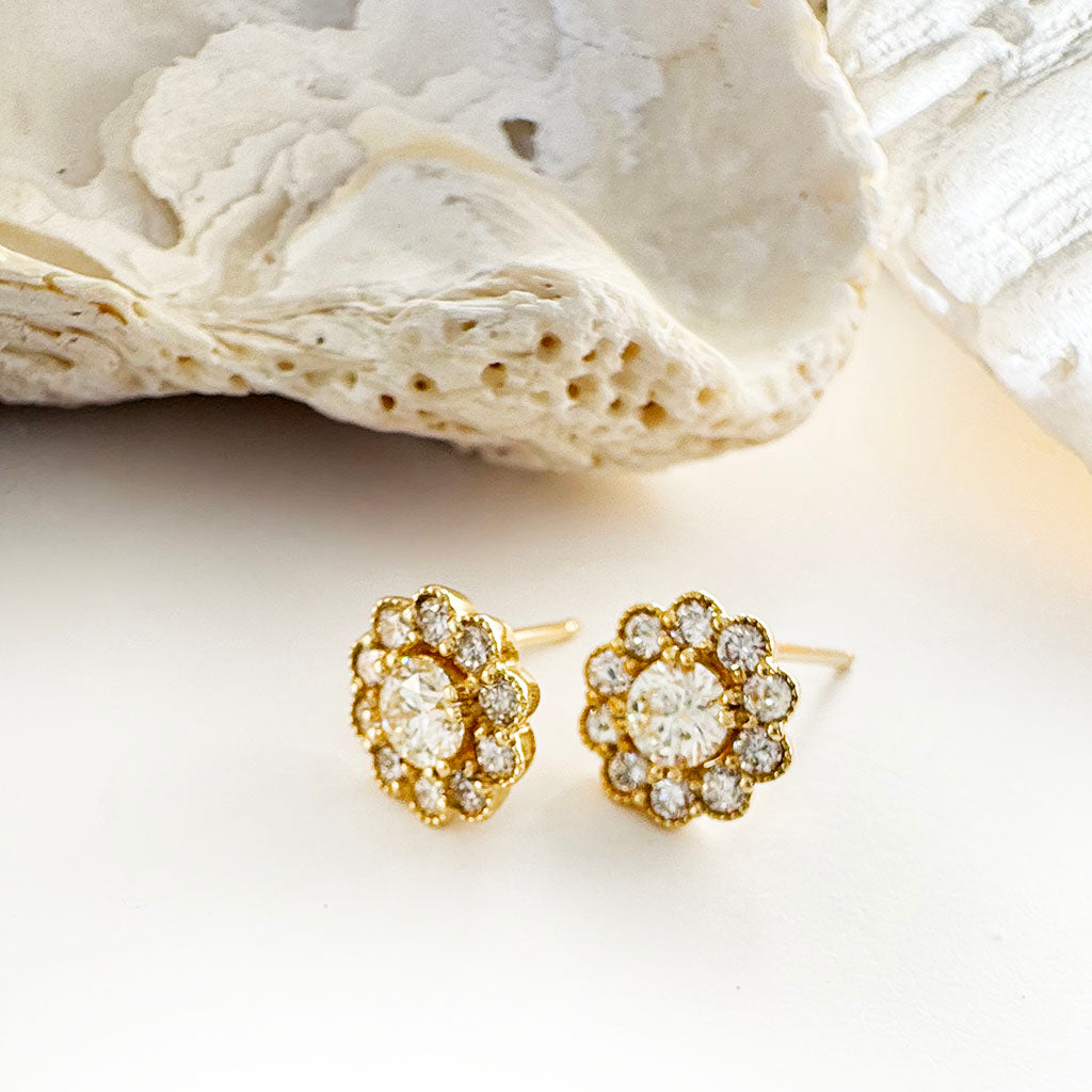 Vintage Inspired Floral White Diamond Yellow Gold Earrings