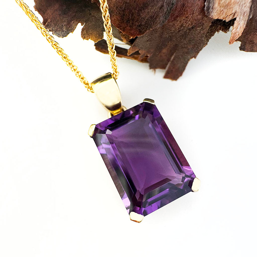Solid Classic Emerald Cut Amethyst Yellow Gold Pendant – Afrogem