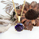 Petite Classic Round Cut Double Claw Amethyst Yellow Gold Pendant