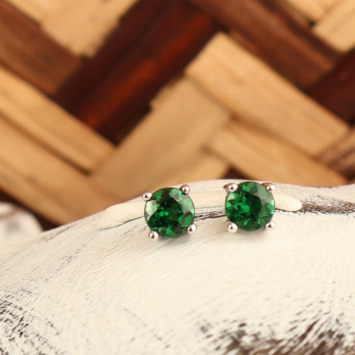 Petite Classic Four Claw Round Cut Tsavorite White Gold Studs