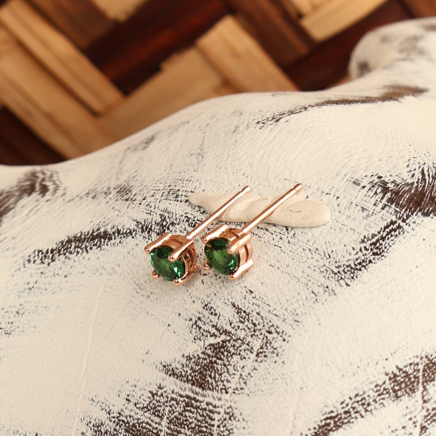 Petite Classic Four Claw Round Cut Tsavorite Rose Gold Studs