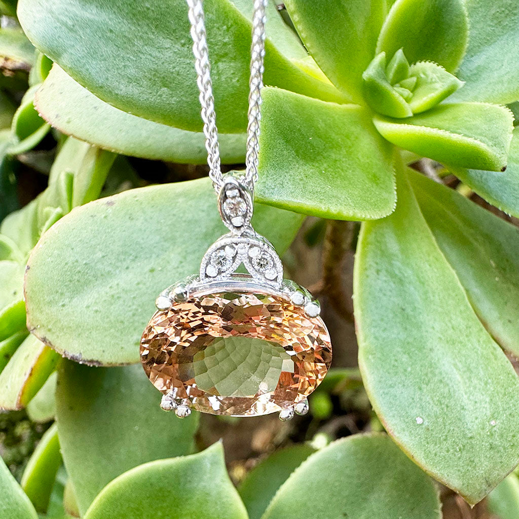 Elegantly Regal Peach Oval Morganite and Decorative Diamond Bale Pendant