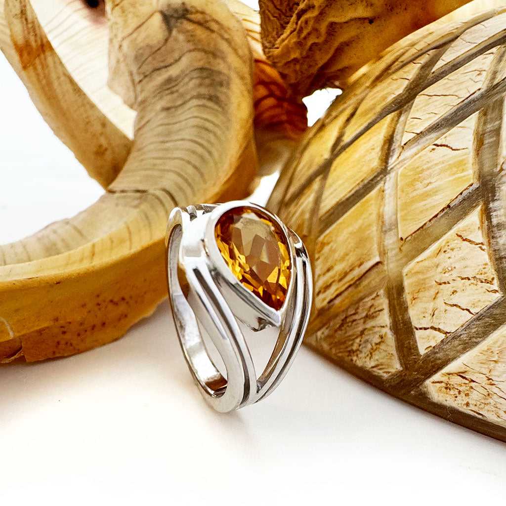 Looped Double Band Pear Cut Citrine Ring