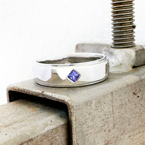 Unisex Solid White Gold Grooved Band With Square Cut Tanzanite Inlay Ring