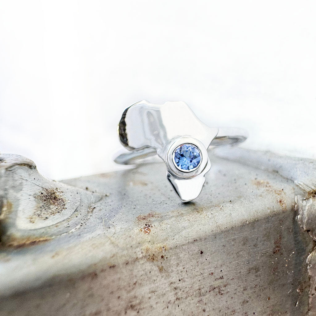 For The Love of Africa Tanzanite and Africa Map White Gold Ring
