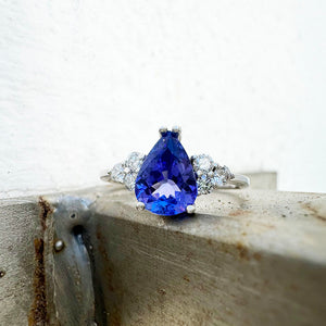 Pear Cut Tanzanite Ring with Trilogy Diamond Accents