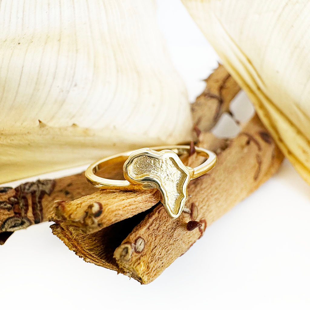 Yellow Gold Sandblasted Africa Map Ring with Striking Smooth Gold Border and Band