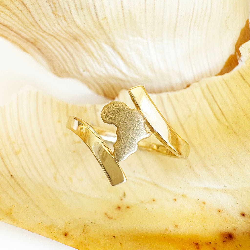 Split Shank Yellow Gold Sandblasted Africa Map Ring