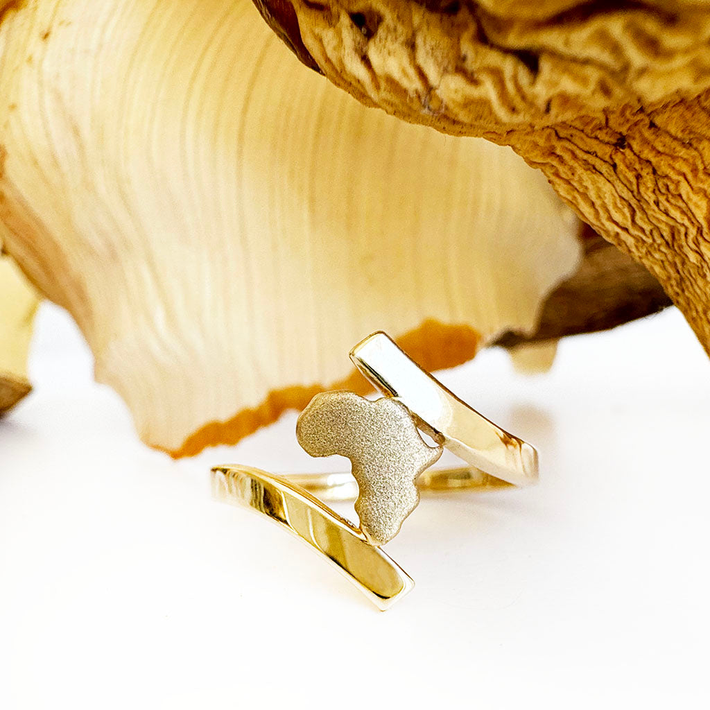 Split Shank Yellow Gold Sandblasted Africa Map Ring