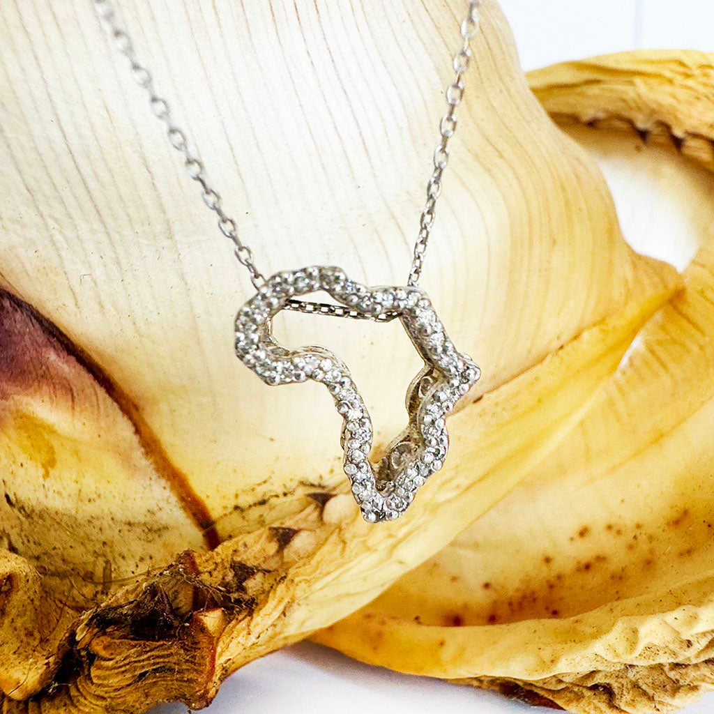 Diamond Studded 9 carat White Gold Africa Pendant Afrogem Jewellers