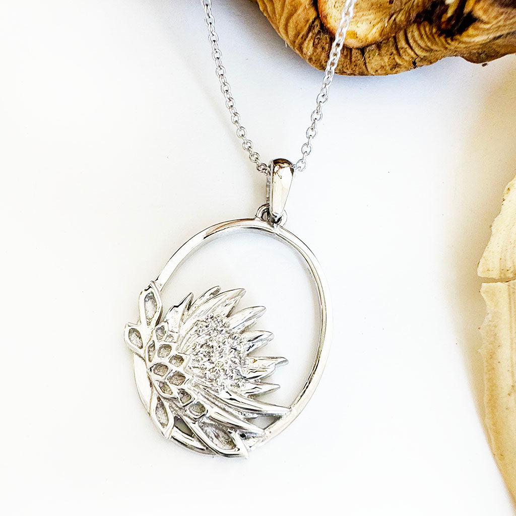 Oval Cut Out Protea Pendant with Diamonds in White Gold