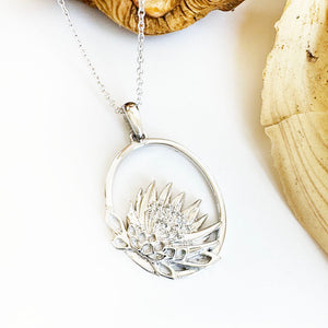 Oval Cut Out Protea Pendant with Diamonds in White Gold
