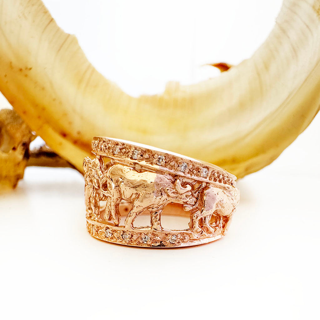Big 5 Relief Ring with White Diamond Borders in Rose Gold