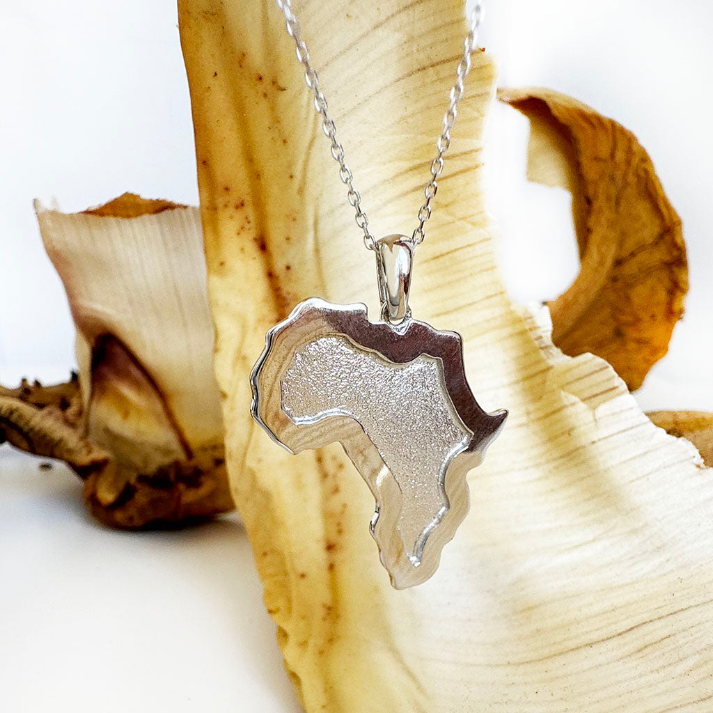 Bold Outline with Textured Interior White Gold Africa Map Pendant