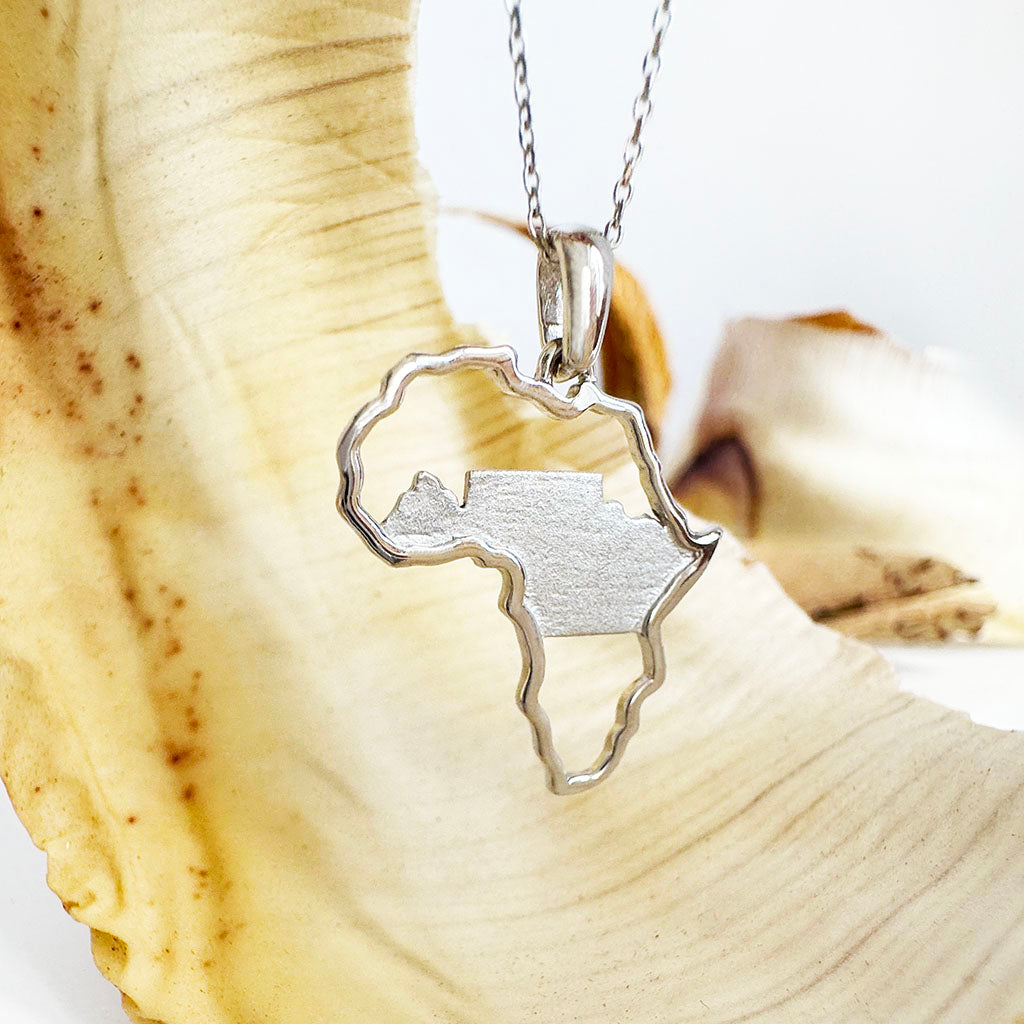 Table Mountain and Africa Map Pendant in White Gold