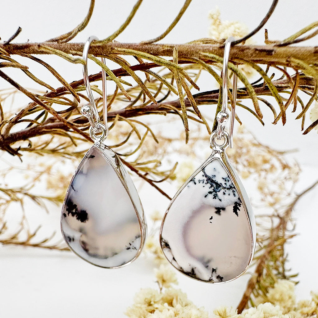 Natural Freeform Pear Cut Dendritic Agate Silver Drop Earrings - 42mm x 18mm