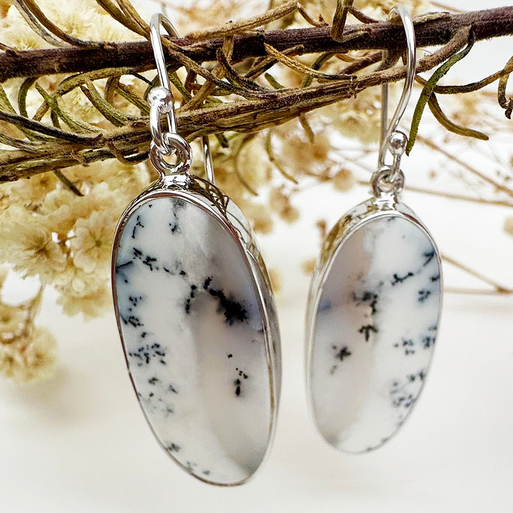 Natural Freeform Elongated Oval Dendritic Agate Silver Drop Earrings - 33mm x 14mm