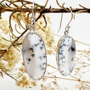 Natural Freeform Elongated Oval Dendritic Agate Silver Drop Earrings - 33mm x 14mm