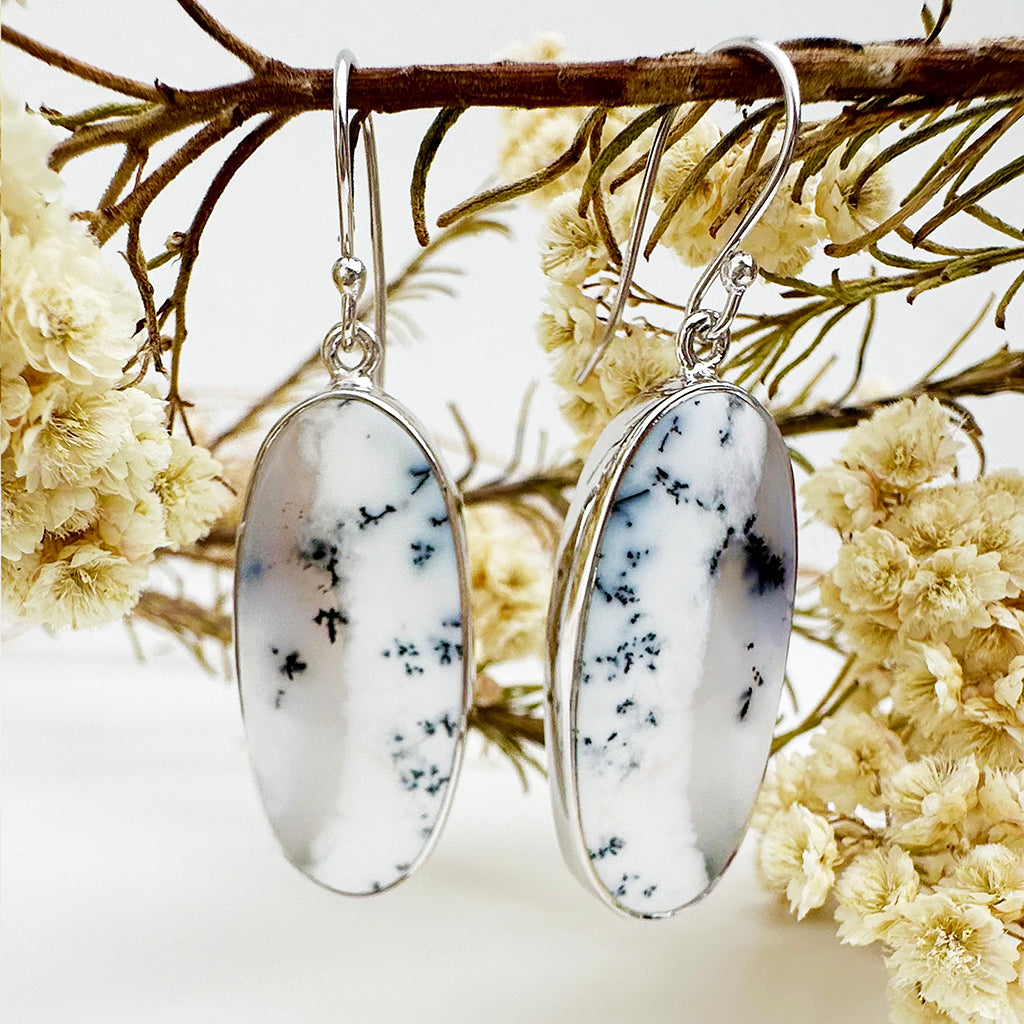 Natural Freeform Elongated Oval Dendritic Agate Silver Drop Earrings - 33mm x 14mm