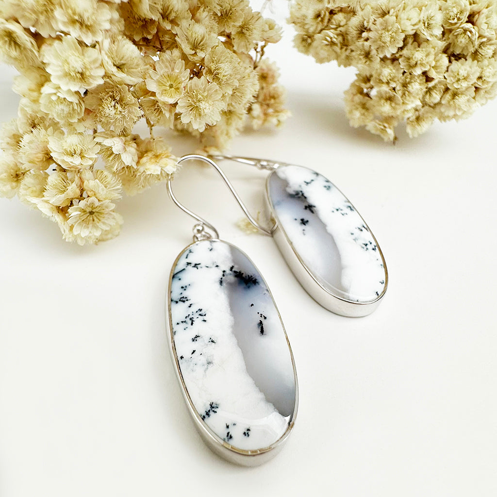 Natural Freeform Elongated Oval Dendritic Agate Silver Drop Earrings - 33mm x 14mm