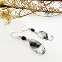 Natural Freeform Oval Dendritic Agate and Oval Black Tourmaline Silver Drop Earrings - 55mm x 13mm
