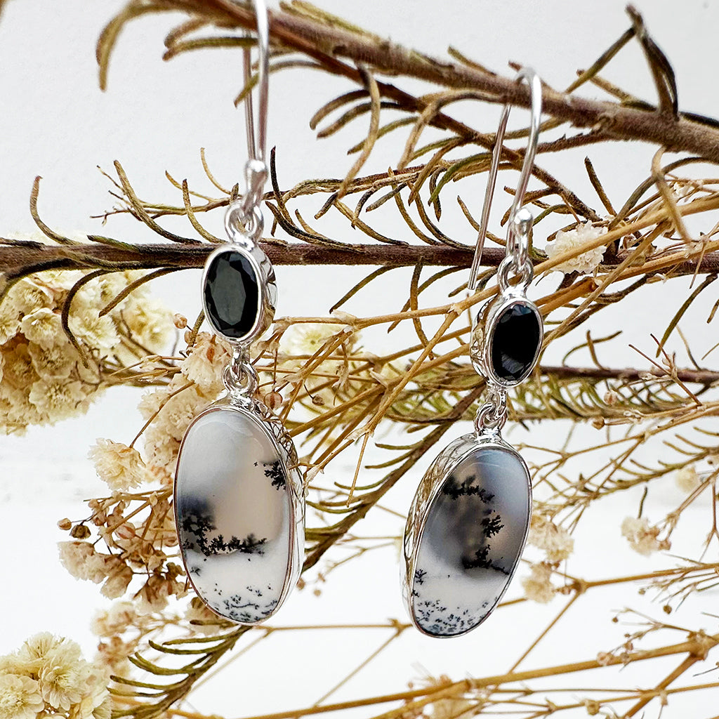 Natural Freeform Oval Dendritic Agate and Oval Black Tourmaline Silver Drop Earrings - 55mm x 13mm