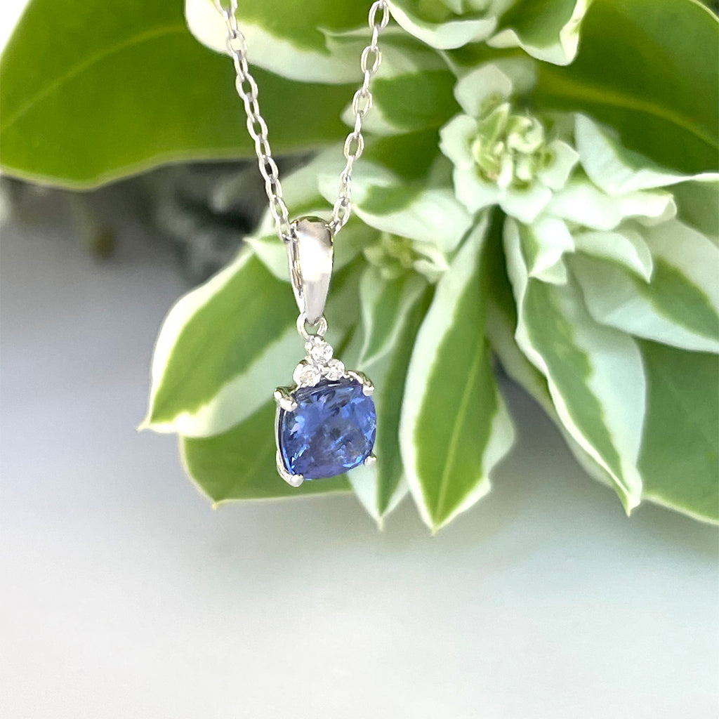 Silver Cushion Cut Tanzanite with Trilogy Silver Topaz Highlight Pendant