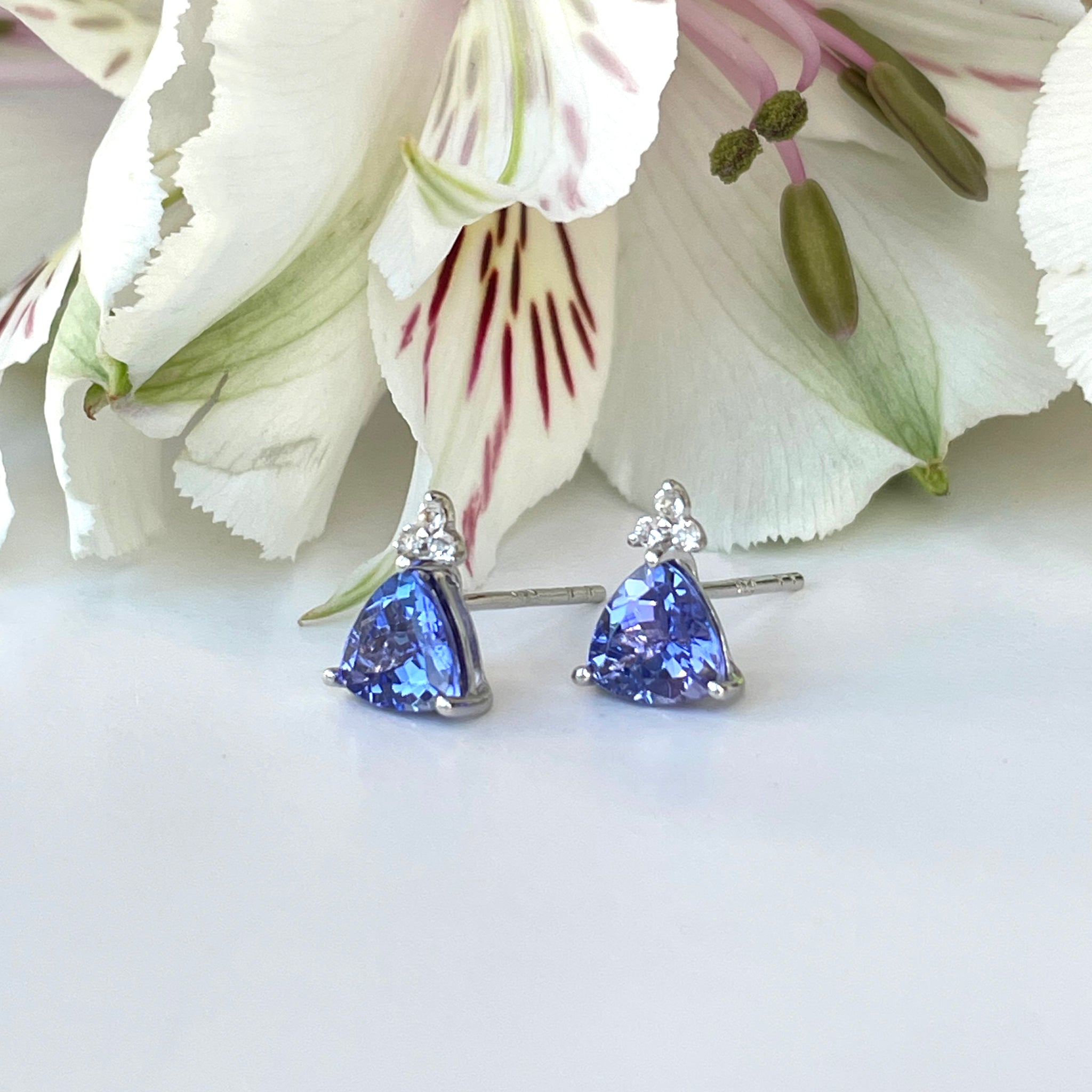 Silver Trilliant Cut Tanzanite with Trilogy Silver Topaz Highlight Earrings
