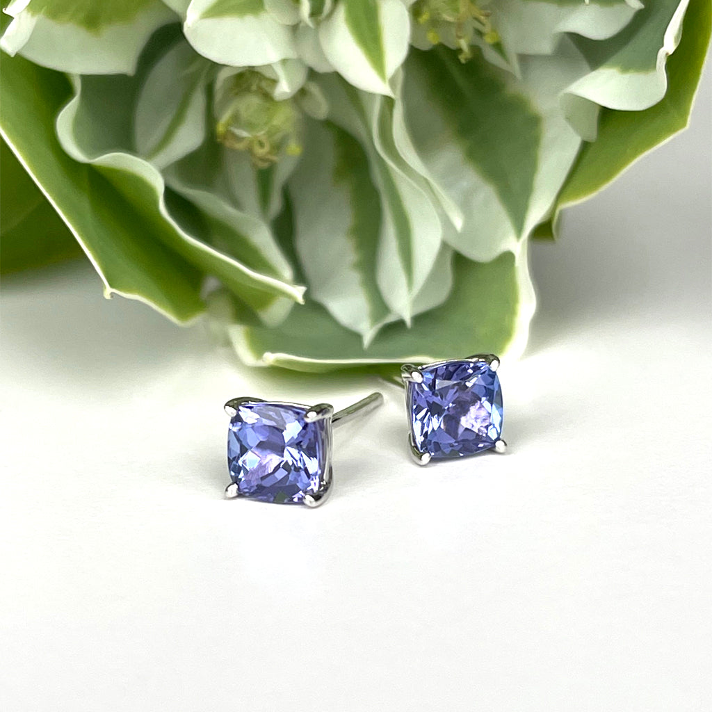 Silver Solitaire Cushion Cut Tanzanite Earrings