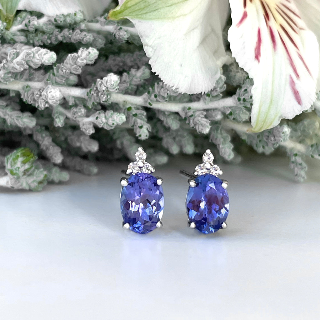 Silver Oval Cut Tanzanite with Trilogy Silver Topaz Highlight Earrings