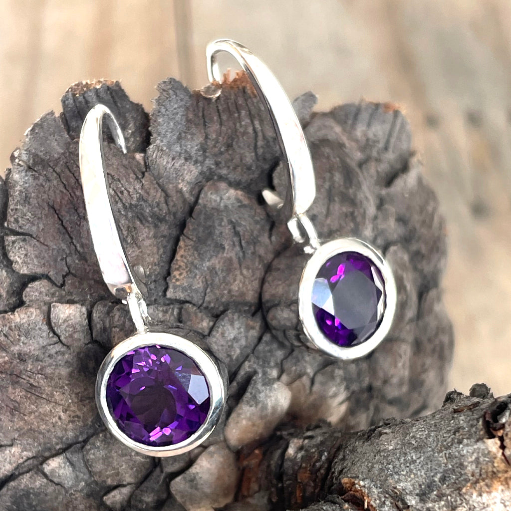 Deep White Gold Bezel Set Amethyst Hooped Earrings