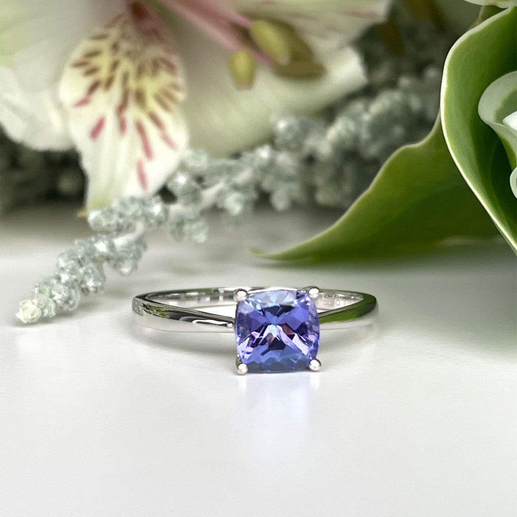 Silver Solitaire Cushion Cut Tanzanite Ring