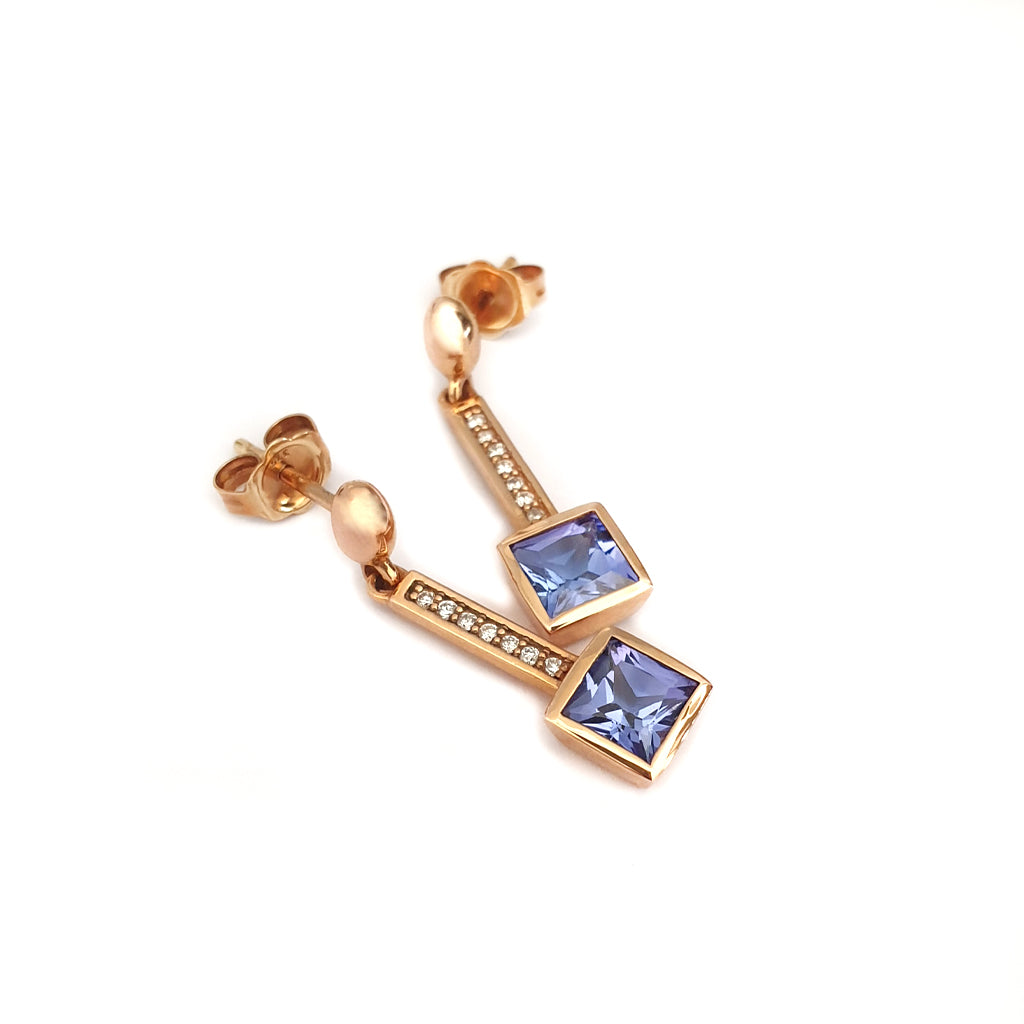 Art Deco Inspired Square Tanzanite and Diamond Rose Gold Drop Earrings