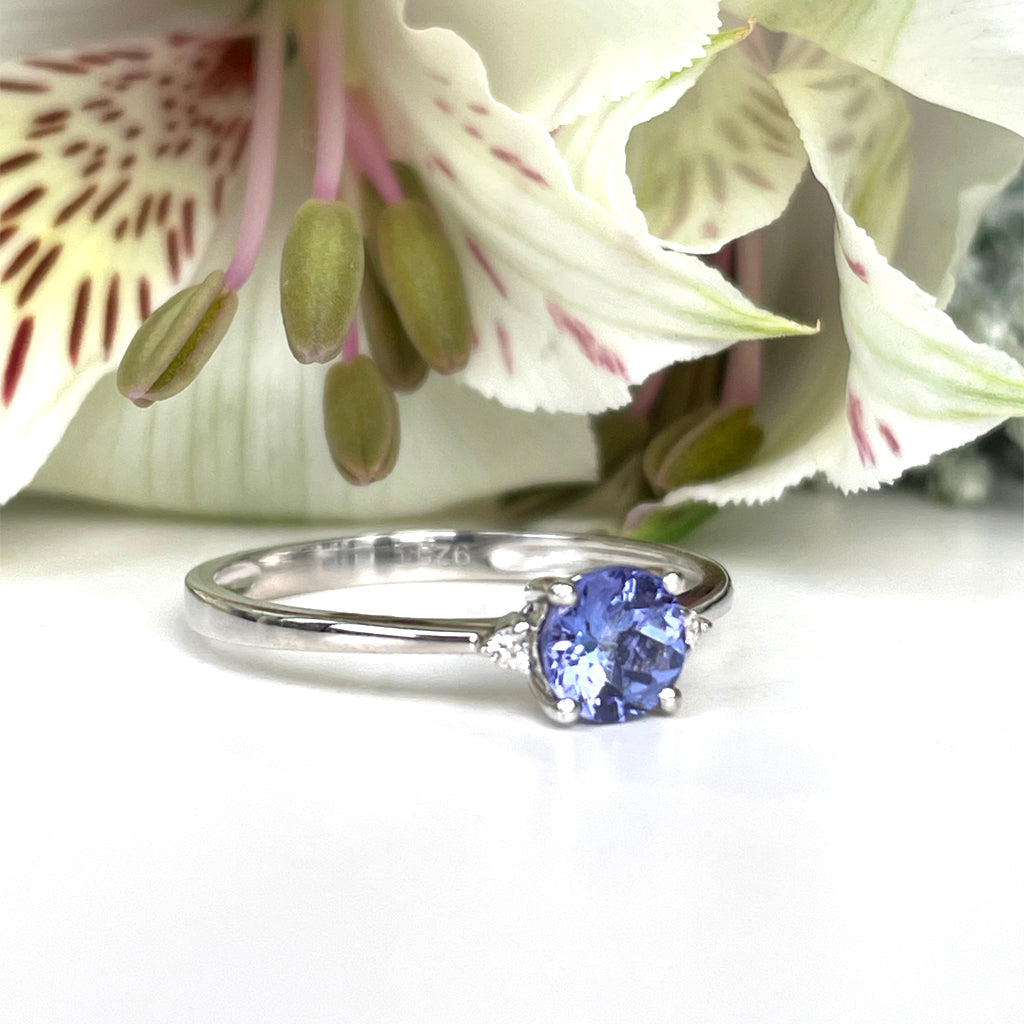 Silver Petite Round Cut Tanzanite with single Diamond Ring