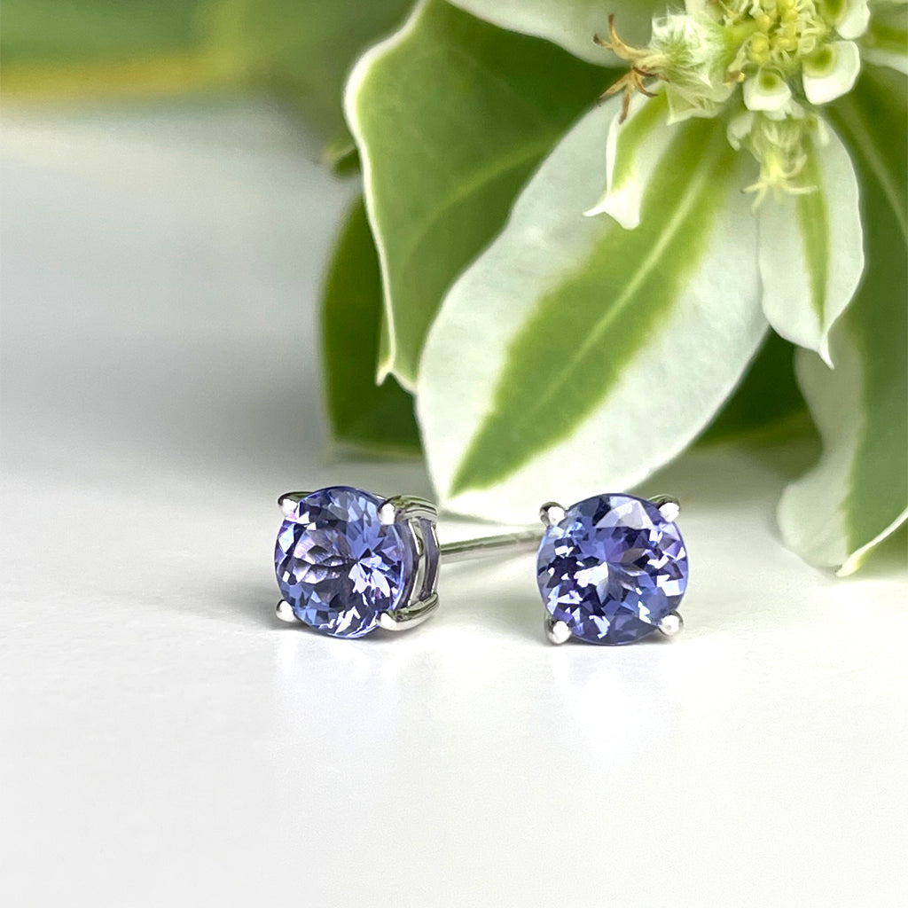 Silver Solitaire Round Cut Tanzanite Earrings