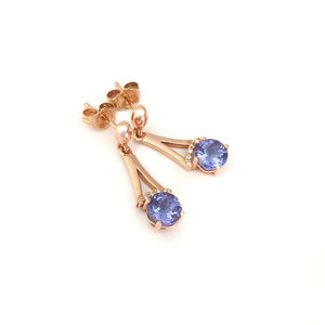 Round Cut Tanzanite and Rose Gold Drop Earrings with Diamond Crown Accent