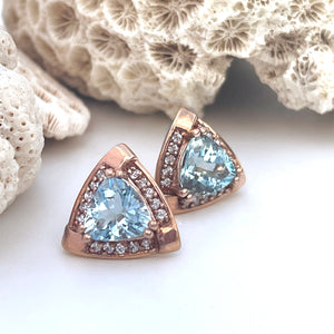 Standout Trilliant Rose Gold Aquamarine and Diamond Highlight Stud Earrings