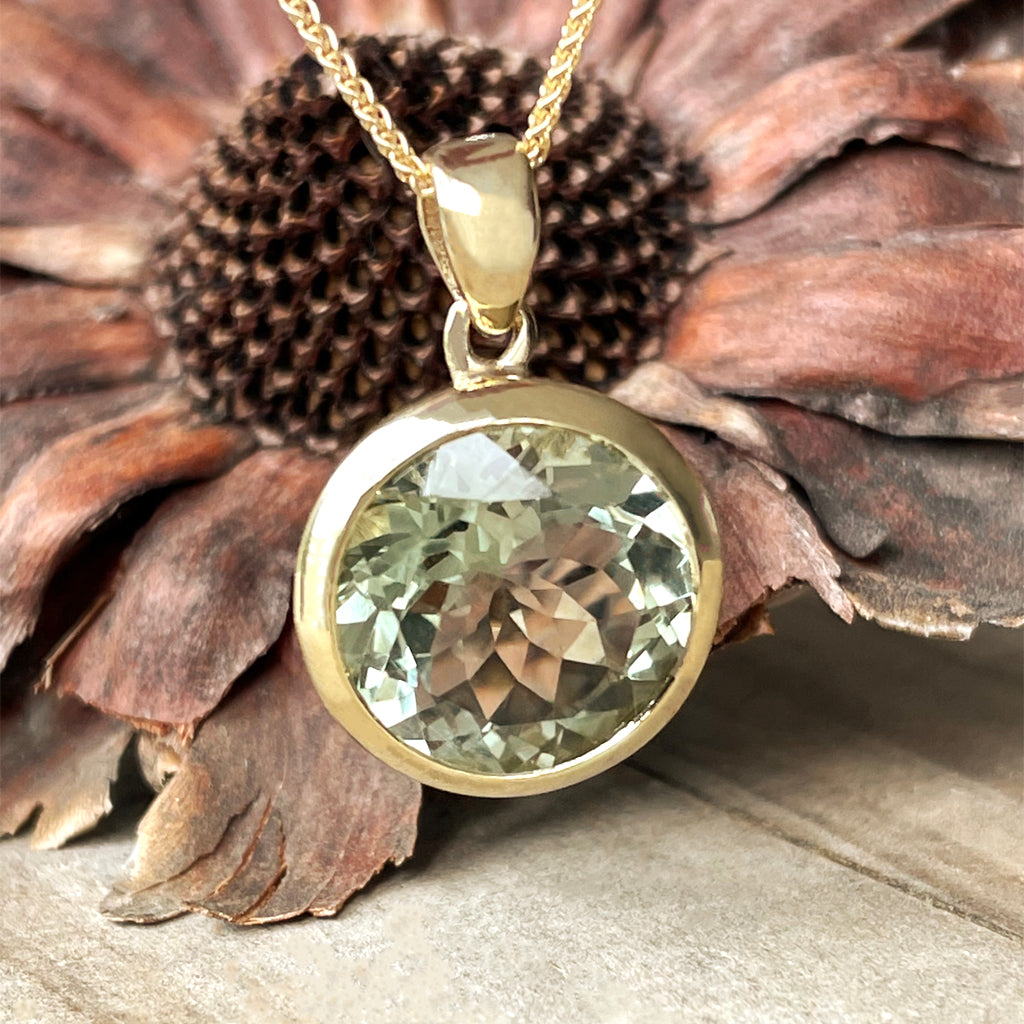 Statement Round Cut Green Amethyst Yellow Gold Pendant