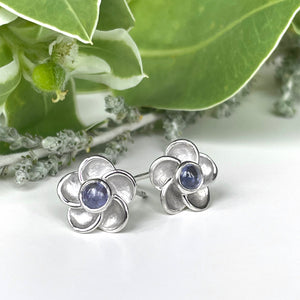 Silver Floral Round Cabochon Cut Tanzanite Earrings