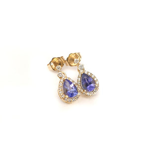 Scintillating Pear Cut Tanzanite and White Diamond Halo and Highlight Drop Earrings