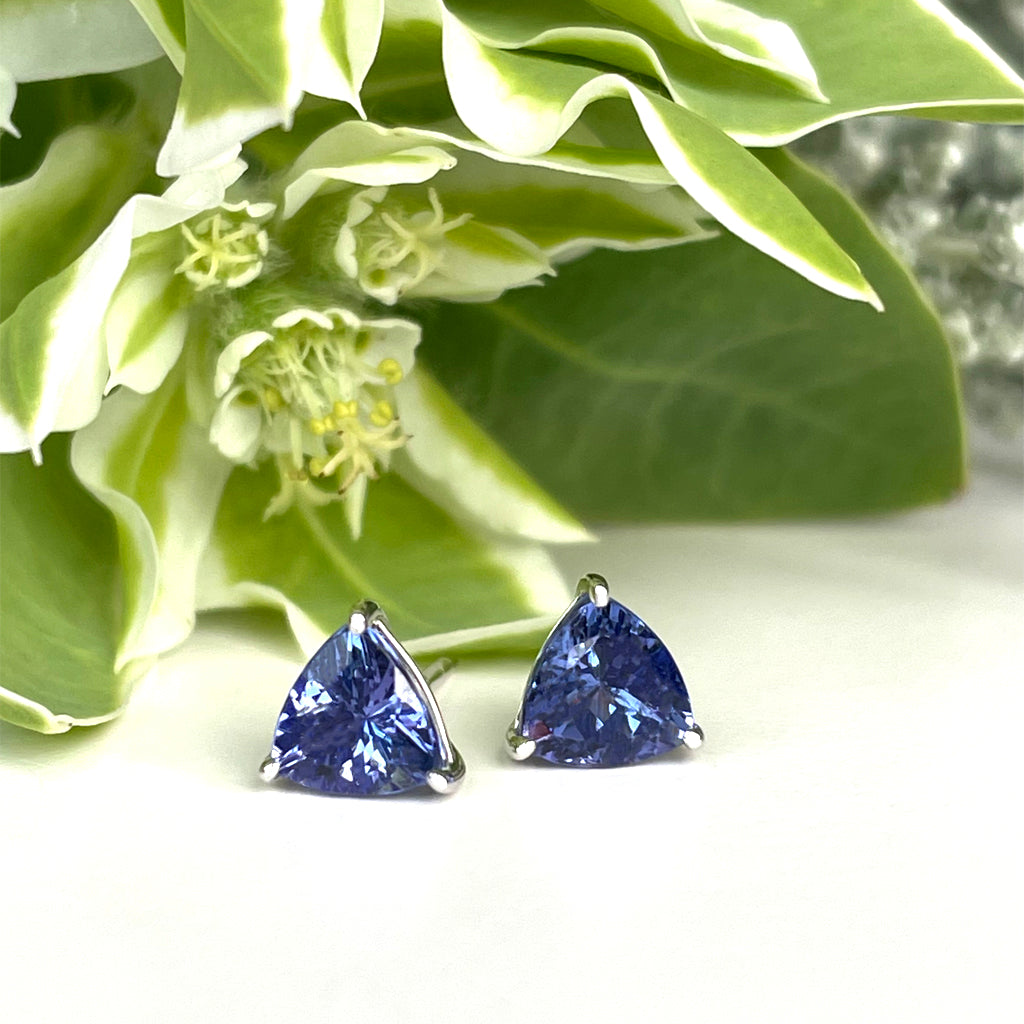 Silver Solitaire Trilliant Cut Tanzanite Earrings