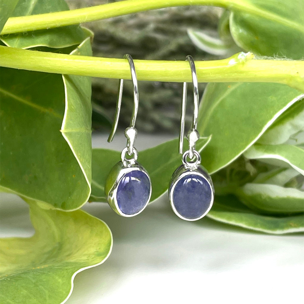 Silver Oval Cabochon Cut Tanzanite Shepards Hook Earrings