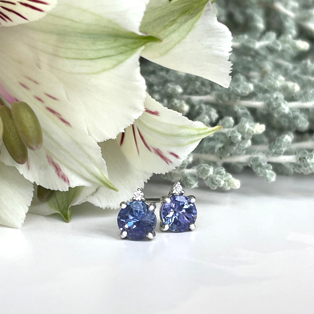 Silver Petite Round Cut Tanzanite with single Diamond Earrings