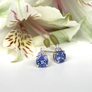 Silver Petite Round Cut Tanzanite with Trilogy Diamond Highlight Earrings