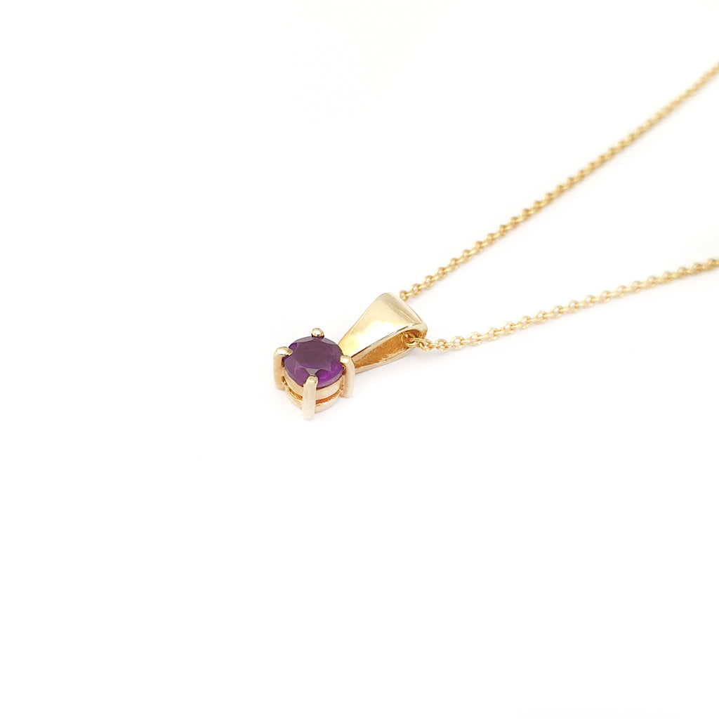 Petite Solid Bale Round Amethyst Yellow Gold Pendant